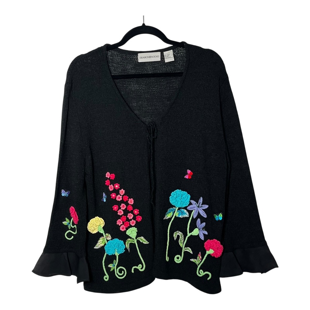 Sharon Young Black Floral Embroider Tie Front Cardigan XL Ruffle Cuff Butterfly
